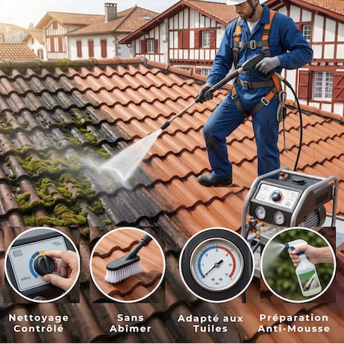 Technicien équipé d’un harnais nettoyant une toiture en tuiles avec un nettoyeur haute pression réglé, éliminant la mousse sans abîmer, avec pictogrammes explicatifs.