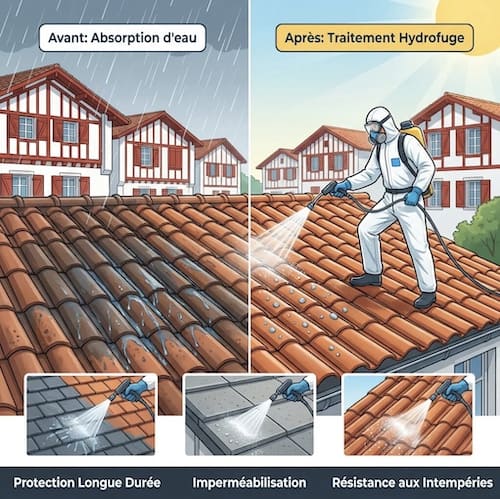 Illustration avant/après d’un traitement hydrofuge sur toiture en tuiles : un technicien applique un produit protecteur pour imperméabiliser et renforcer la résistance aux intempéries.